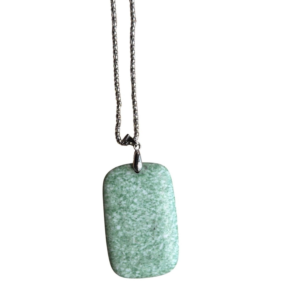 Green Aventurine Stone Pendant Necklace Silver Tone  Rectangular Layering Nature
